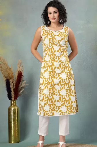 Yellow floral printed cotton straight kurta for women