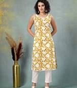 Yellow floral printed cotton straight kurta for women