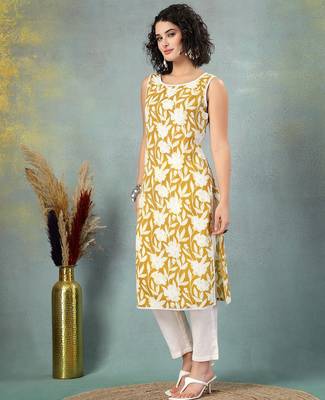 Yellow floral printed cotton straight kurta for women 2