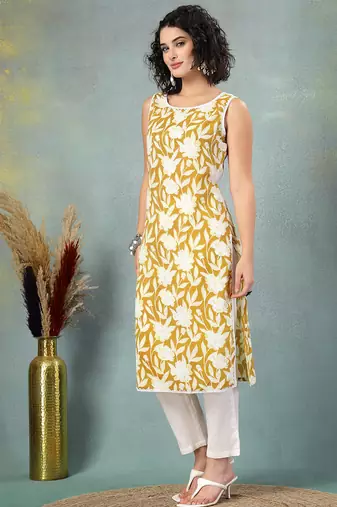 Yellow floral printed cotton straight kurta for women