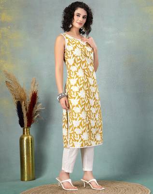 Yellow floral printed cotton straight kurta for women 3