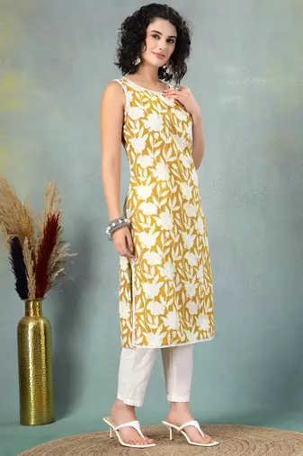 Yellow floral printed cotton straight kurta for women