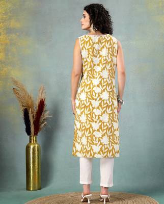 Yellow floral printed cotton straight kurta for women 5