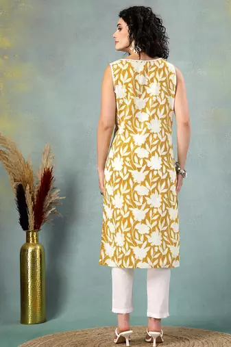 Yellow floral printed cotton straight kurta for women
