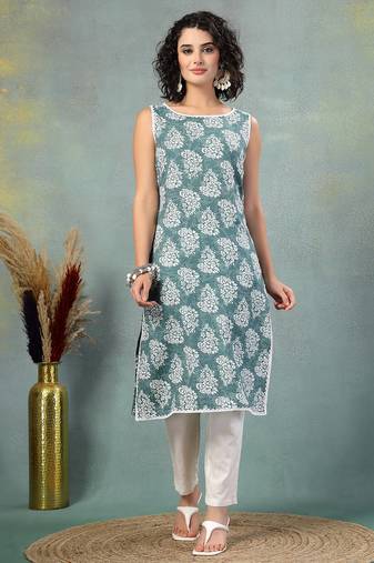 Blue floral printed cotton straight kurta for women