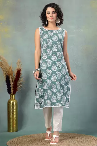 Blue floral printed cotton straight kurta for women