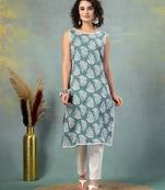 Blue floral printed cotton straight kurta for women