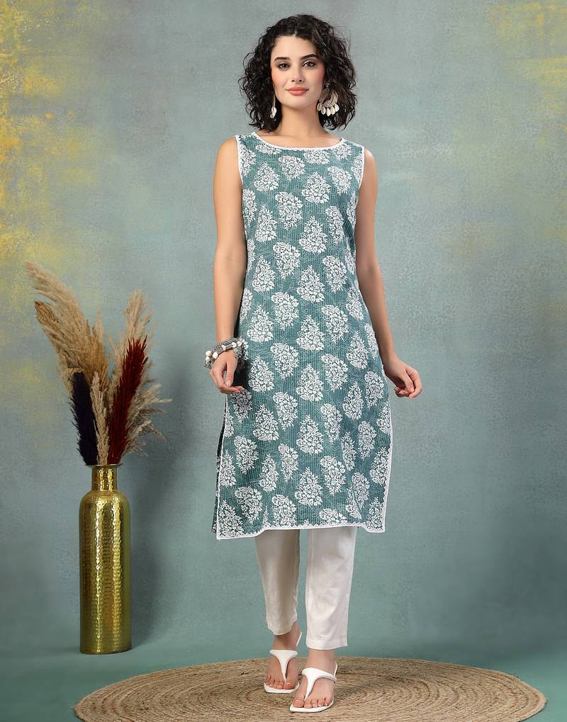 Blue floral printed cotton straight kurta for women