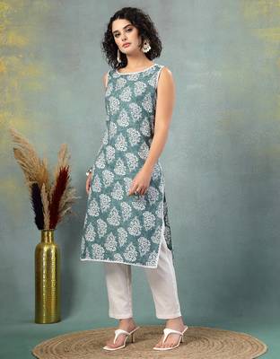 Blue floral printed cotton straight kurta for women 2