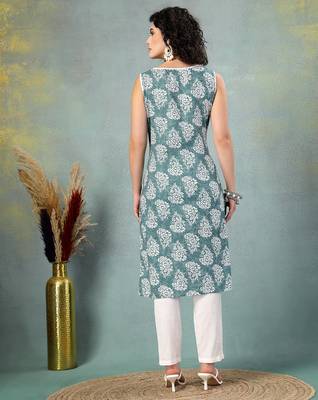 Blue floral printed cotton straight kurta for women 4