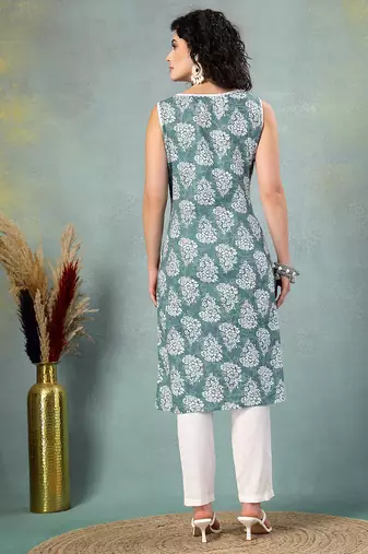 Blue floral printed cotton straight kurta for women
