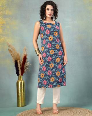 Blue floral printed cotton straight kurta for women 1