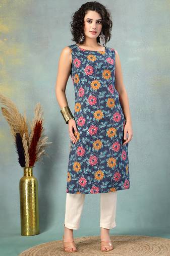 Blue floral printed cotton straight kurta for women