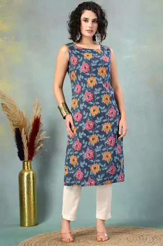 Blue floral printed cotton straight kurta for women