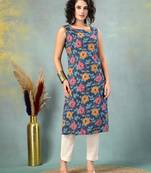 Blue floral printed cotton straight kurta for women