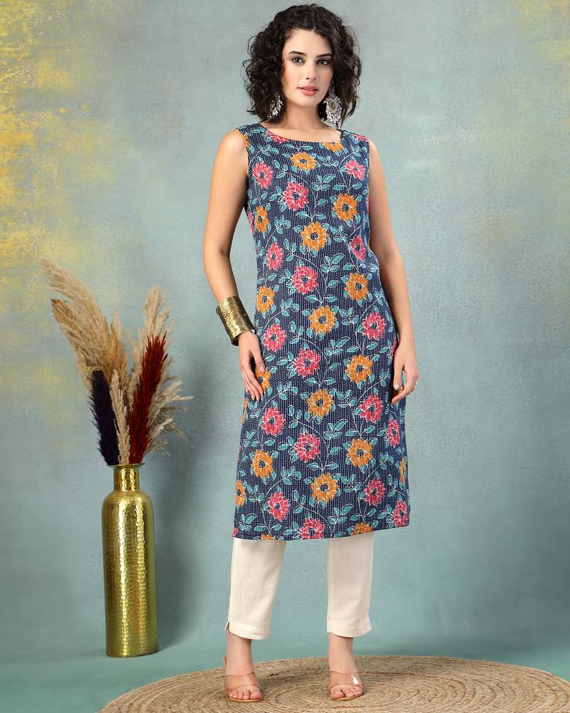 Blue floral printed cotton straight kurta for women