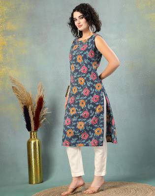Blue floral printed cotton straight kurta for women 2
