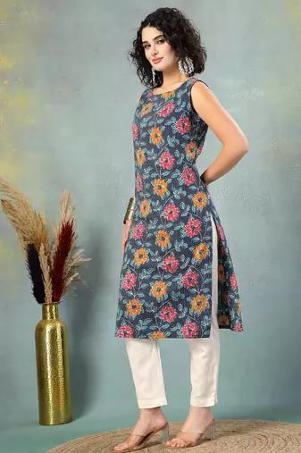 Blue floral printed cotton straight kurta for women