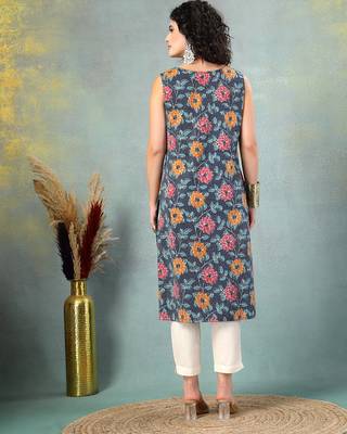 Blue floral printed cotton straight kurta for women 3