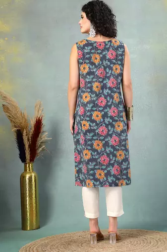 Blue floral printed cotton straight kurta for women