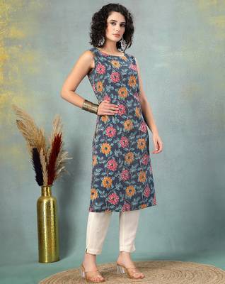 Blue floral printed cotton straight kurta for women 4
