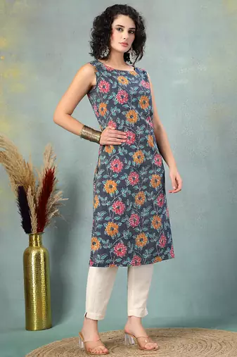 Blue floral printed cotton straight kurta for women