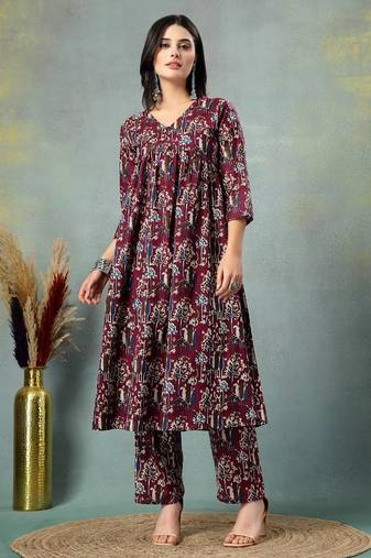 Maroon floral printed cotton stitched a-line kurta set with pyjama for women
