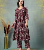Maroon floral printed cotton stitched a-line kurta set with pyjama for women