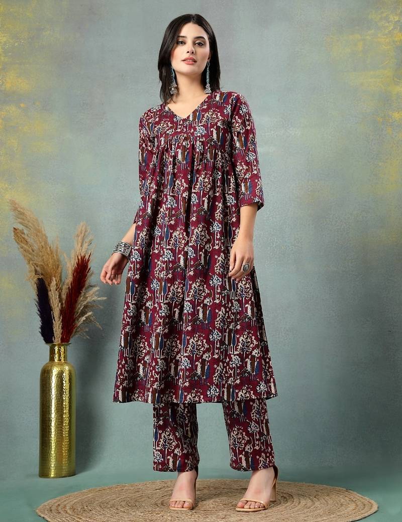 Maroon floral printed cotton stitched a-line kurta set with pyjama for women