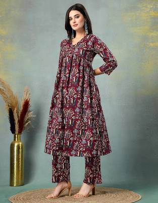 Maroon floral printed cotton stitched a-line kurta set with pyjama for women 2