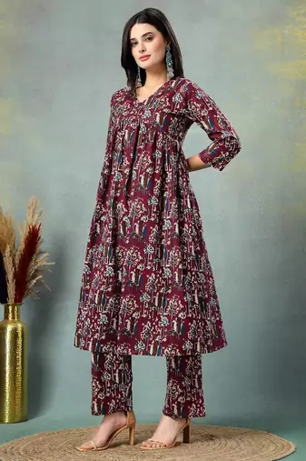 Maroon floral printed cotton stitched a-line kurta set with pyjama for women