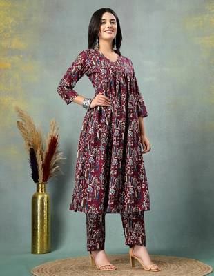 Maroon floral printed cotton stitched a-line kurta set with pyjama for women 3