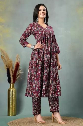 Maroon floral printed cotton stitched a-line kurta set with pyjama for women