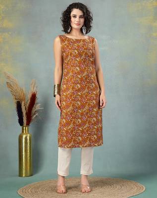 Brown floral printed cotton straight kurta for women 1