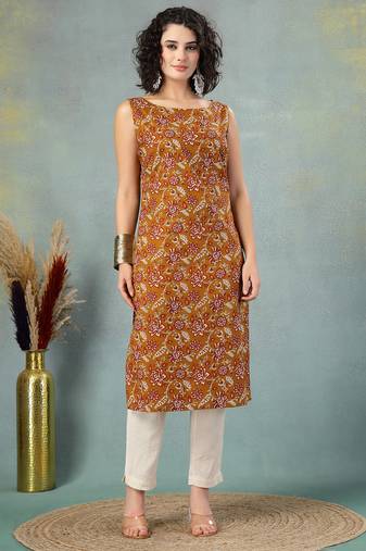 Brown floral printed cotton straight kurta for women