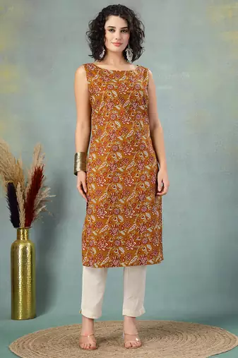 Brown floral printed cotton straight kurta for women
