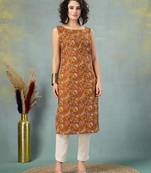 Brown floral printed cotton straight kurta for women