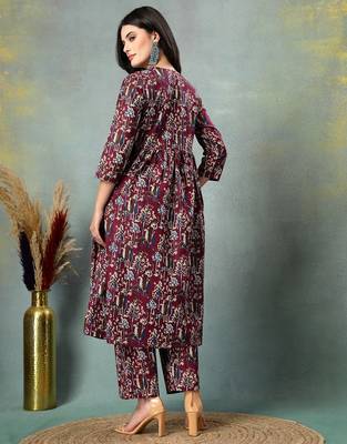Maroon floral printed cotton stitched a-line kurta set with pyjama for women 4
