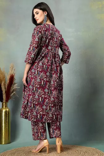 Maroon floral printed cotton stitched a-line kurta set with pyjama for women