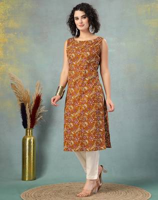 Brown floral printed cotton straight kurta for women 2