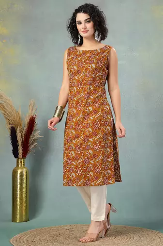 Brown floral printed cotton straight kurta for women