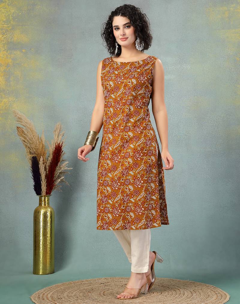 Brown floral printed cotton straight kurta for women