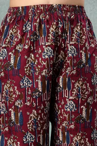 Maroon floral printed cotton stitched a-line kurta set with pyjama for women