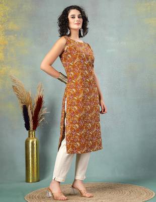 Brown floral printed cotton straight kurta for women 3