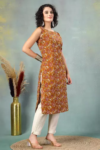 Brown floral printed cotton straight kurta for women