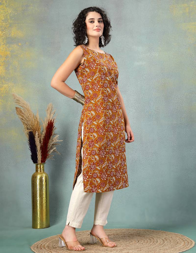 Brown floral printed cotton straight kurta for women