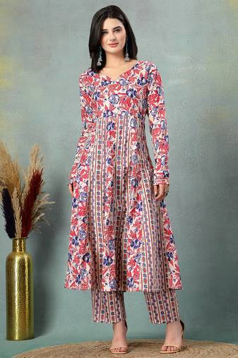 Cream floral printed cotton stitched a-line kurta set with pyjama for women