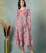 Cream floral printed cotton stitched a-line kurta set with pyjama for women