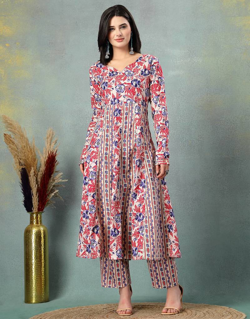 Cream floral printed cotton stitched a-line kurta set with pyjama for women