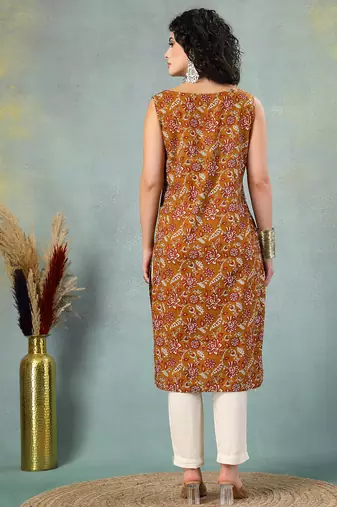 Brown floral printed cotton straight kurta for women